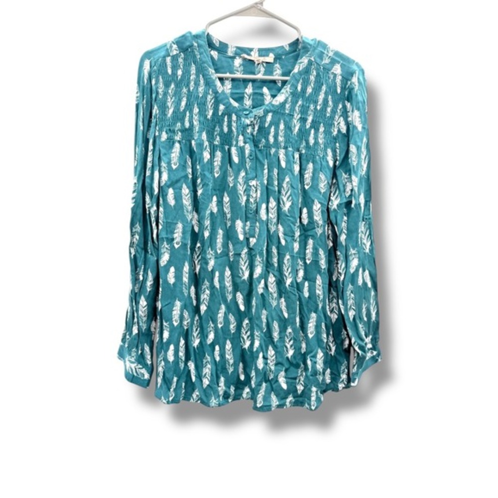 My Danielle Feather Print Boho Blouse Women's XXL Teal Long Sleeve Smocked‎
